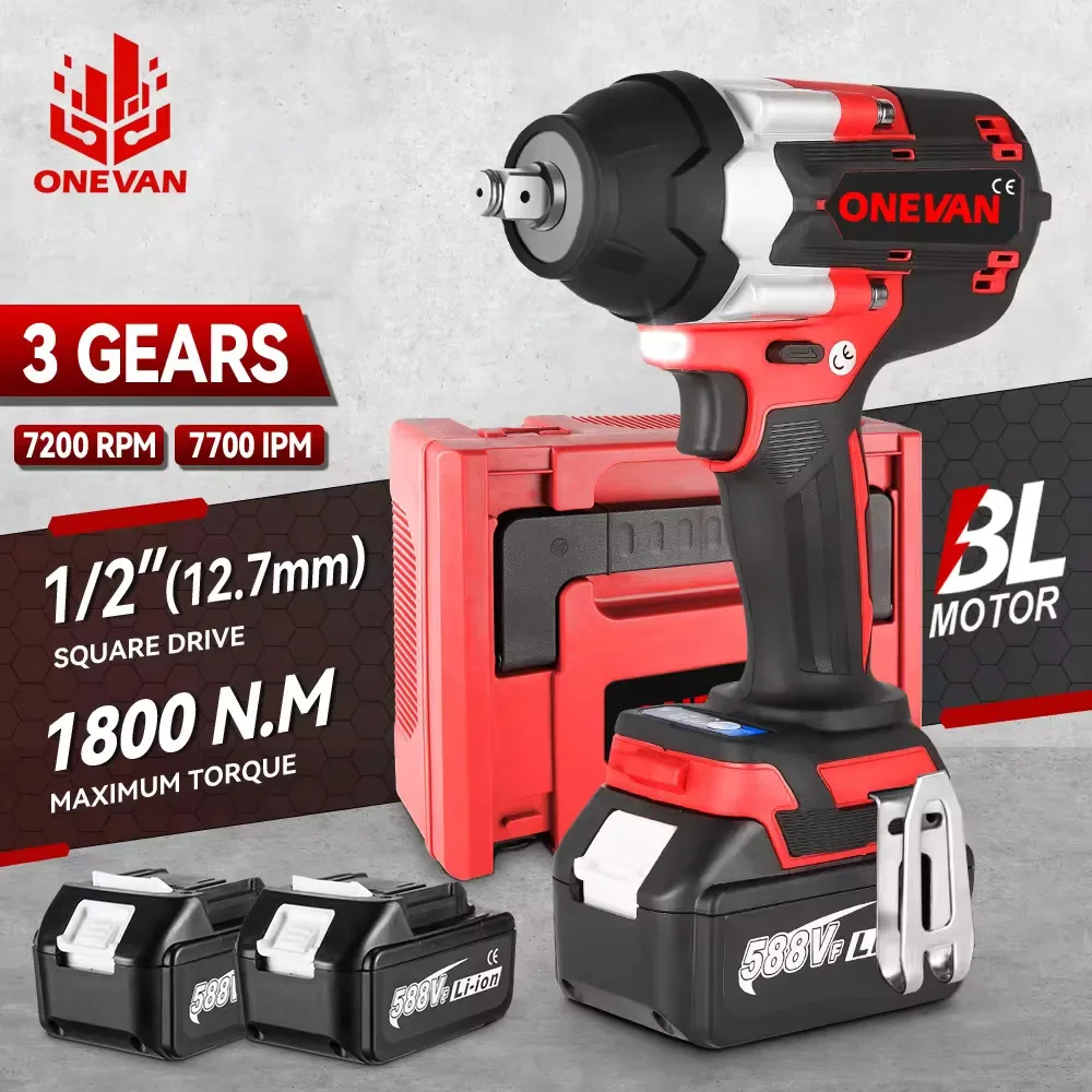 ONEVAN 1800 N.M Torque Brushless Electric Impact Wrench 7200RPM Rechargable Cordless Wrench Power Tool For Makita 18V Battery