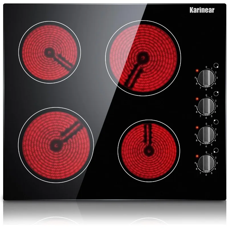 4 Burner Electric Cooktop 24 Inch, Built-in Electric Stove Top, 220-240v Electric Radiant Cooktop with Knob Control