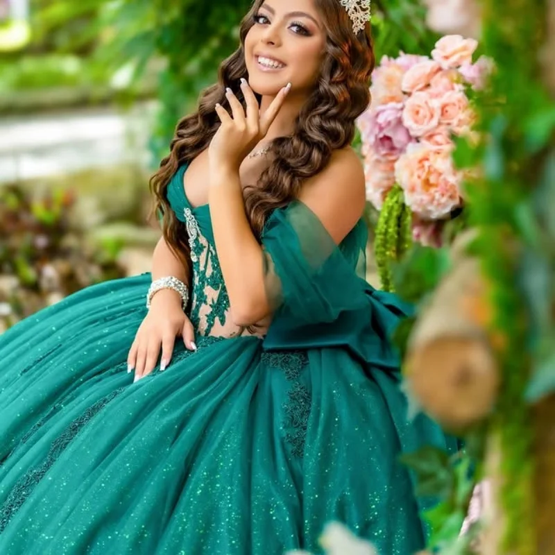 

Shiny dark green Quinceanera Dress off-shoulder glitter decal Long tail Bow vestidos de 15 Quinceanera ﻿Customize