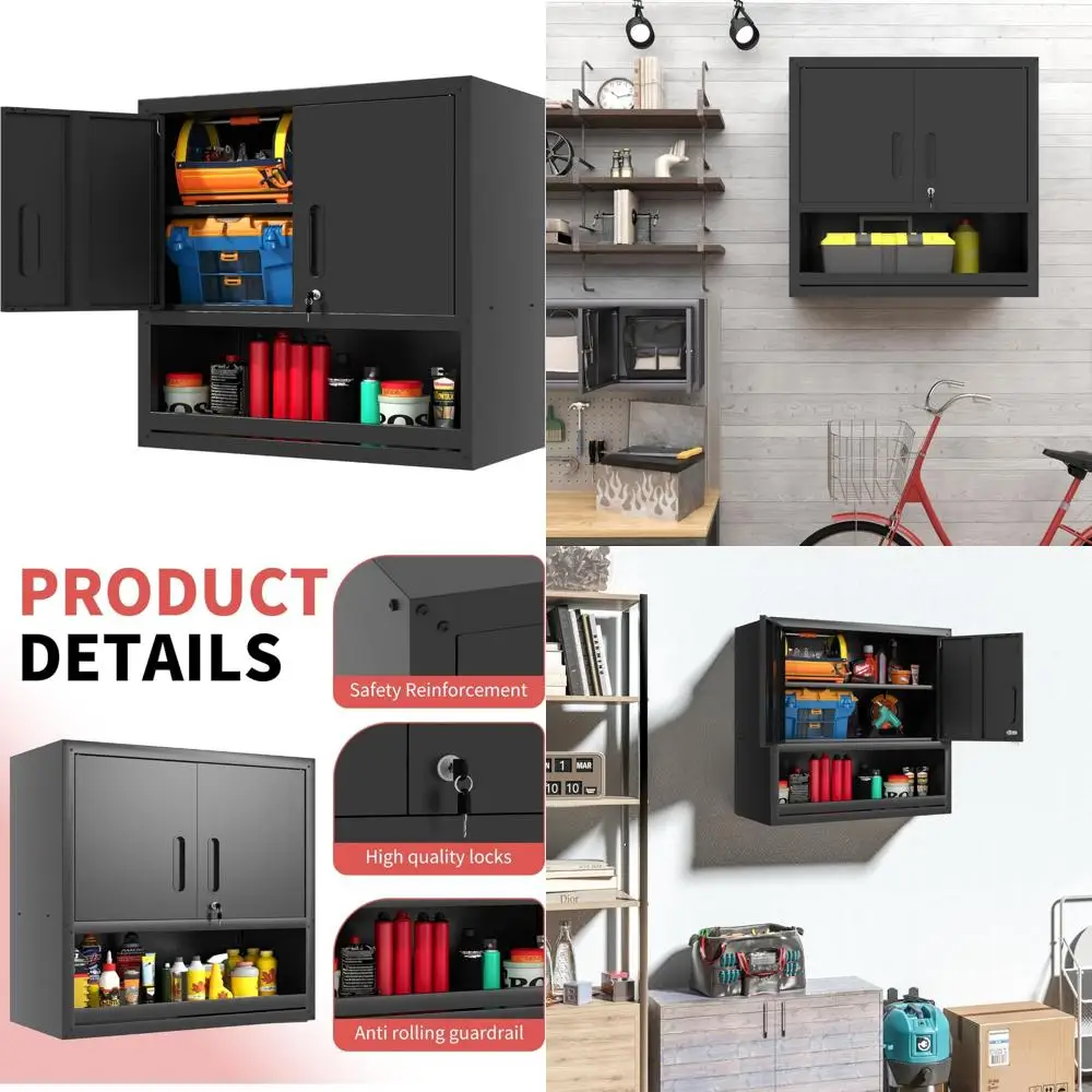 

Heavy-Duty Metal Wall-Mounted Storage Cabinet with Lock, Door, and Shelf for Garage Tools and Equipment