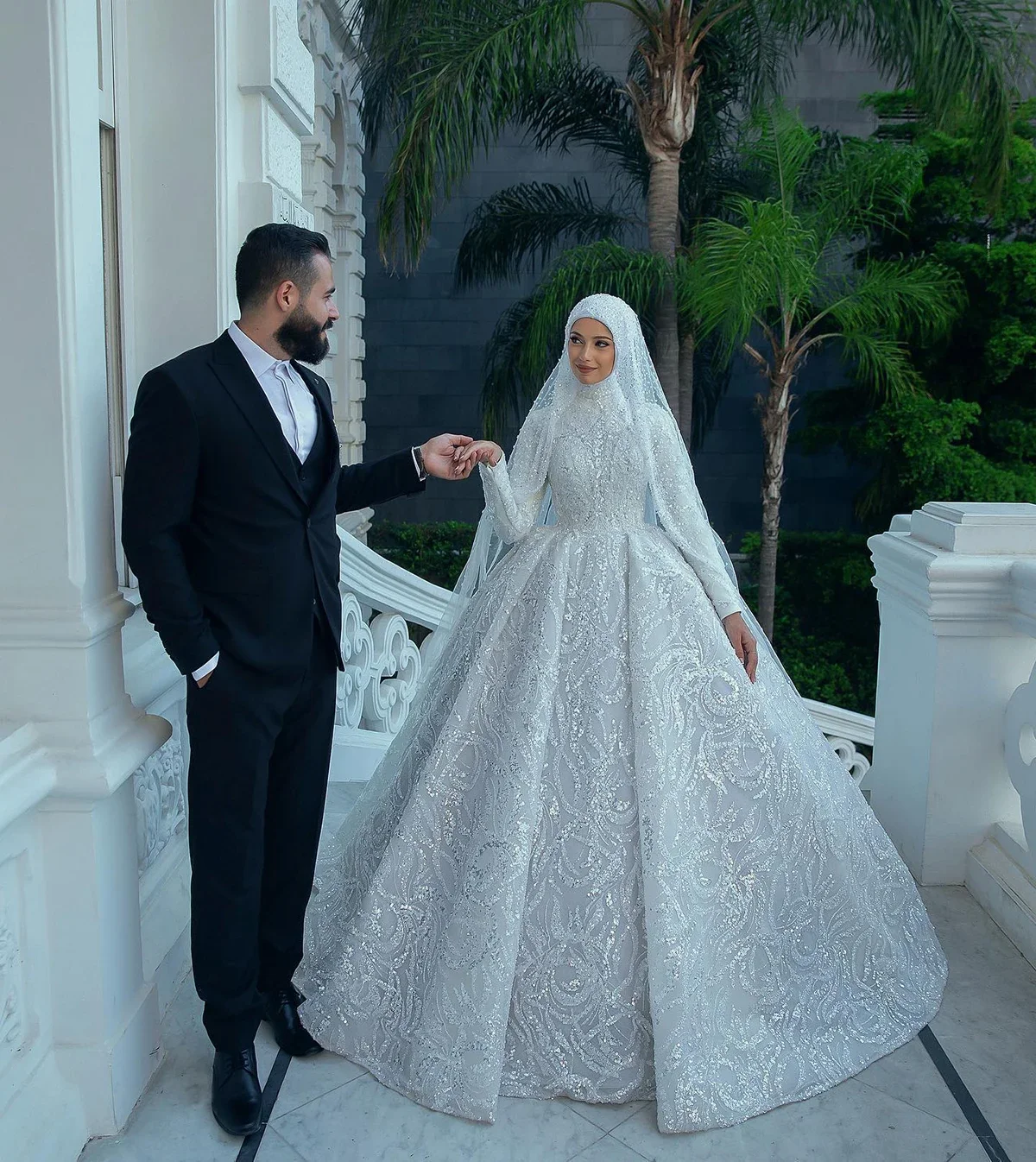 

Luxurious A-Line Handmade Heavy Sequin Bead Muslim Women's High Neck Long Sleeved Dance Bridal Gown Vestidos De Novia Customized