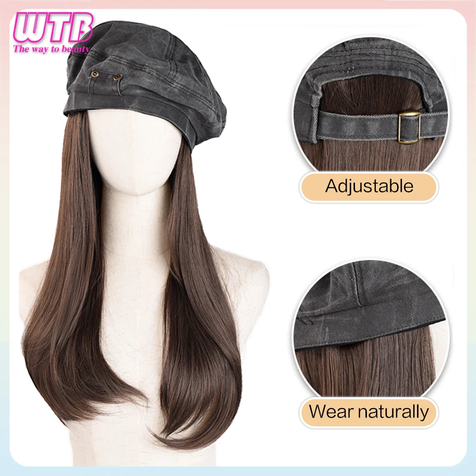 WTB Hat Wig Fashion Women\'s Denim Beret Synthetic Long Straight wig Winter Hat Wig Hat One-piece Wig Keeps Warm and Fashionable