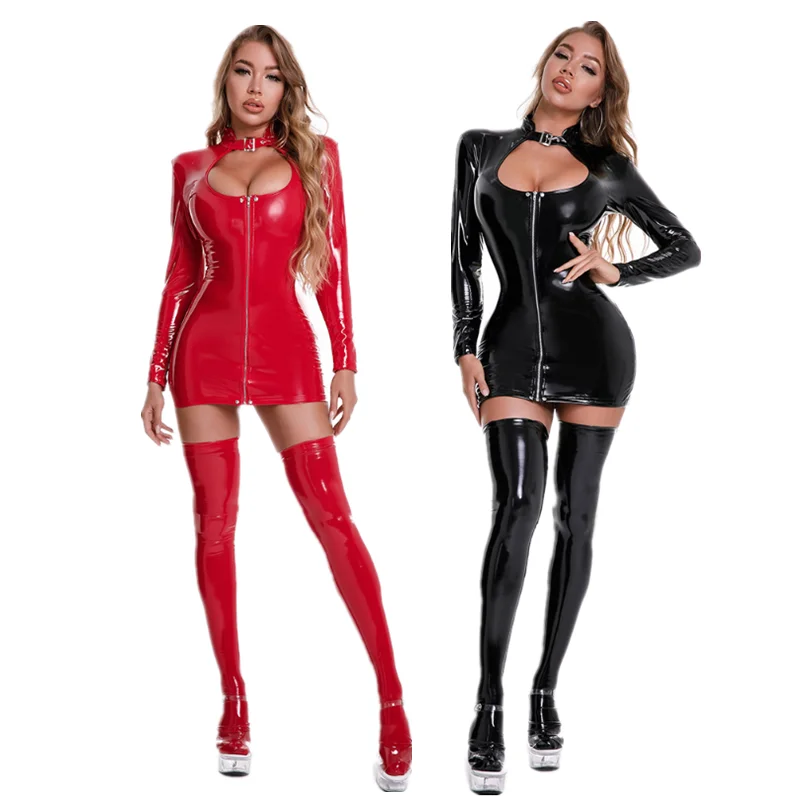 

Plus Size Wet Look Long Sleeves Cut-Out Latex Mini Dress Sexy PVC Leather Thigh Extoic Parties Night Club Wear Catsuit Costume