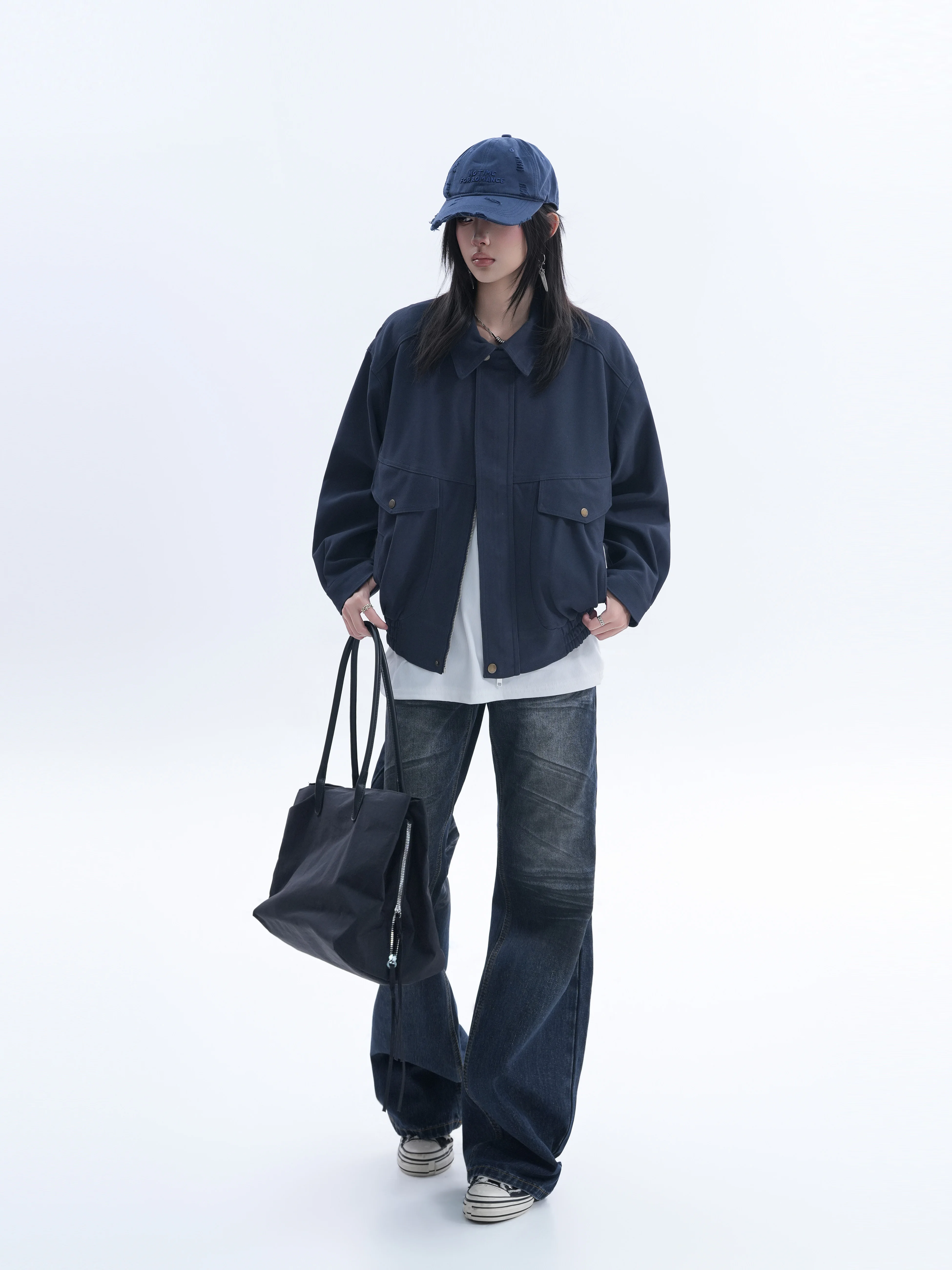 American Retro Work Jacket Women's Turn-down Collar Multi-pocket Shoulder Drop Elastic Hem Neutral Style Outerwear