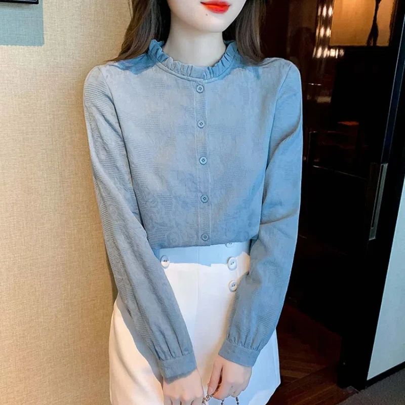 Spring Autumn New Fashion Solid Color Shirts Women's Clothing Stand Collar Long Sleeve Edible Tree Fungus Buttons Korean Tops