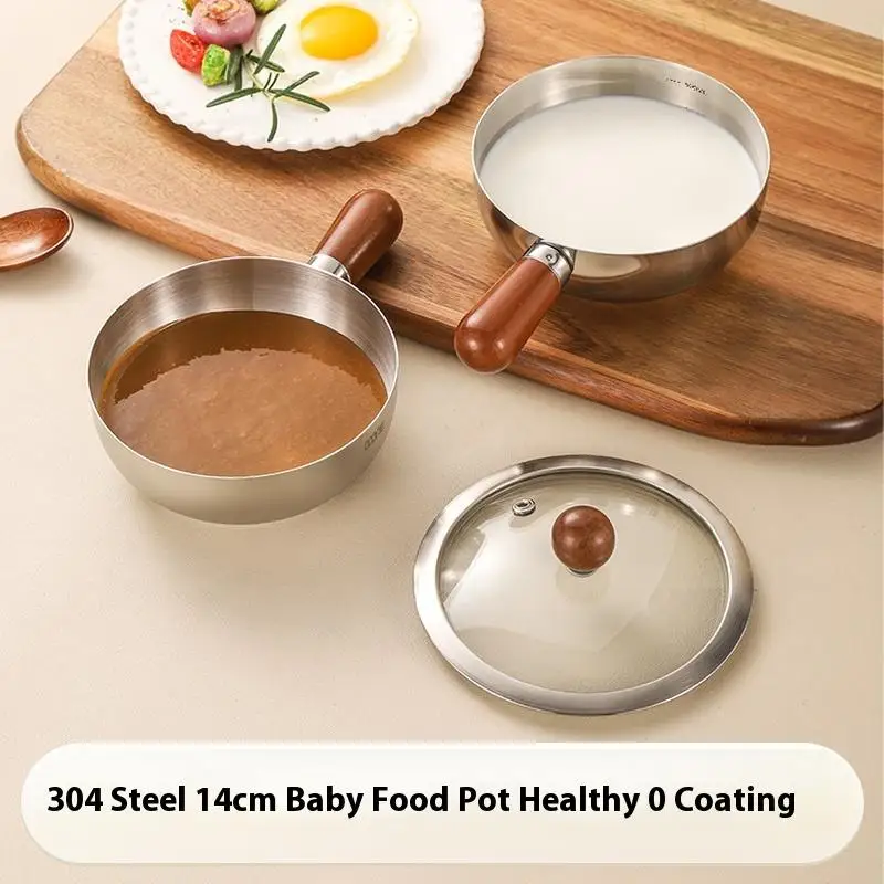 1PC Single-person Pot Stainless Steel Bowl Walnut Wood Handle Fruit Salad Yogurt Bowl Breakfast Cooking Tool Kitchen Restaurant