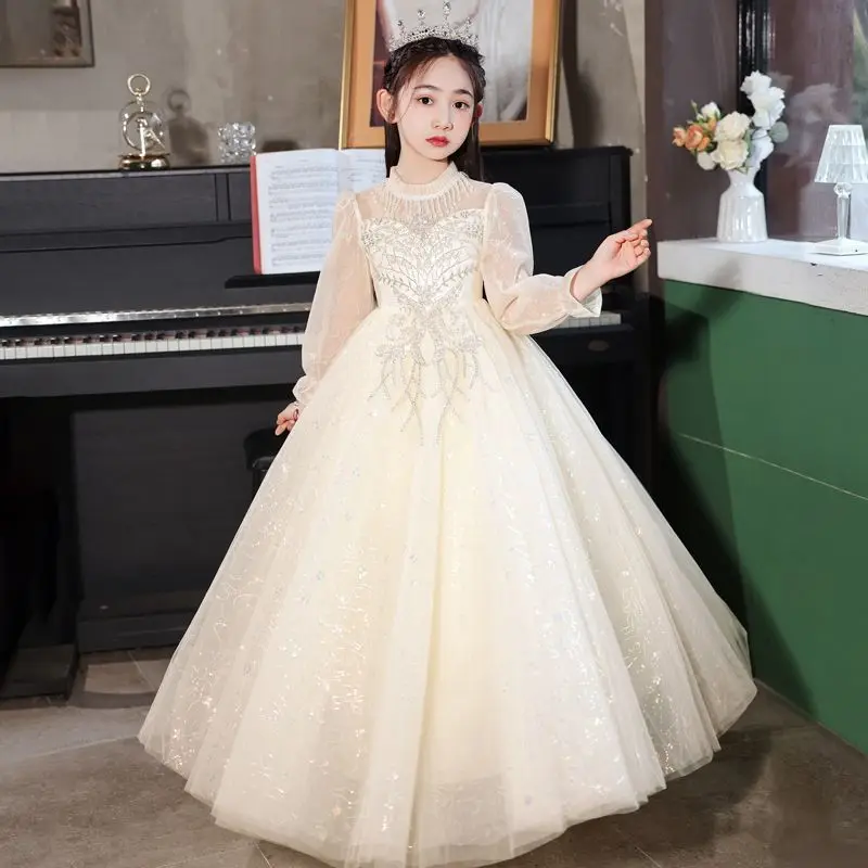 

Girls' Long Sleeve Breathable Princess Dress 2026 Autumn New Children's White Round Neck Dress Kids' Spring Evening Dress LI848