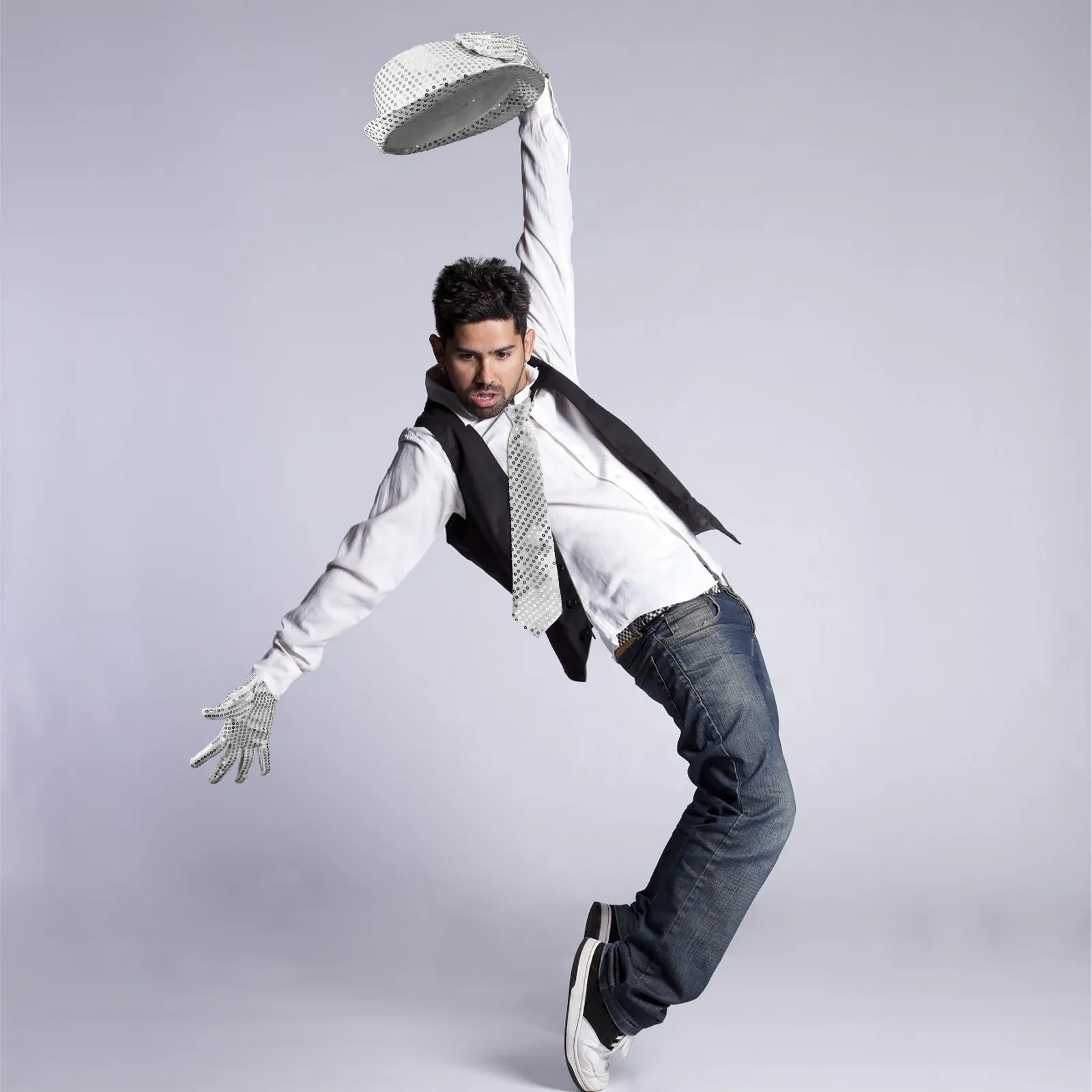 

1Set Jazz Dance Performance Accessories Glitter Hat Gloves Necktie for Stage Party Costume Kids Adults Wearable Decor