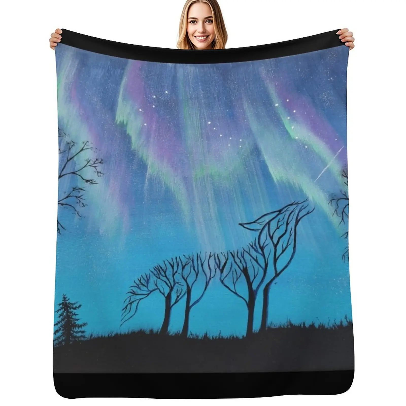 Harmony Trees: Wolf Branching into the Aurora Throw Blanket Summer Cool Breathable Blanket for Sleeping