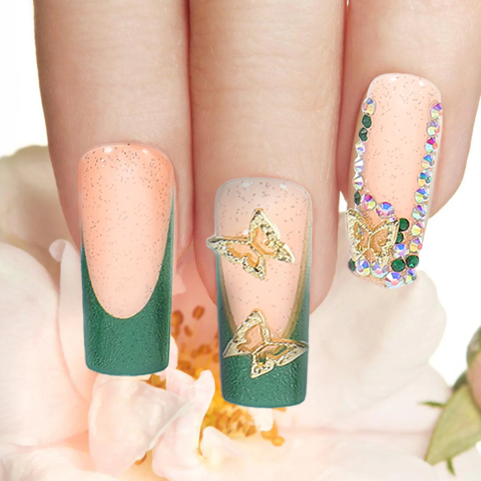 

24 шт., накладные ногти с бабочками, длинный пресс на блестящих накладных ногтях с французским кончиком, набор для женщин, подарок на вечеринку, накладные ногти