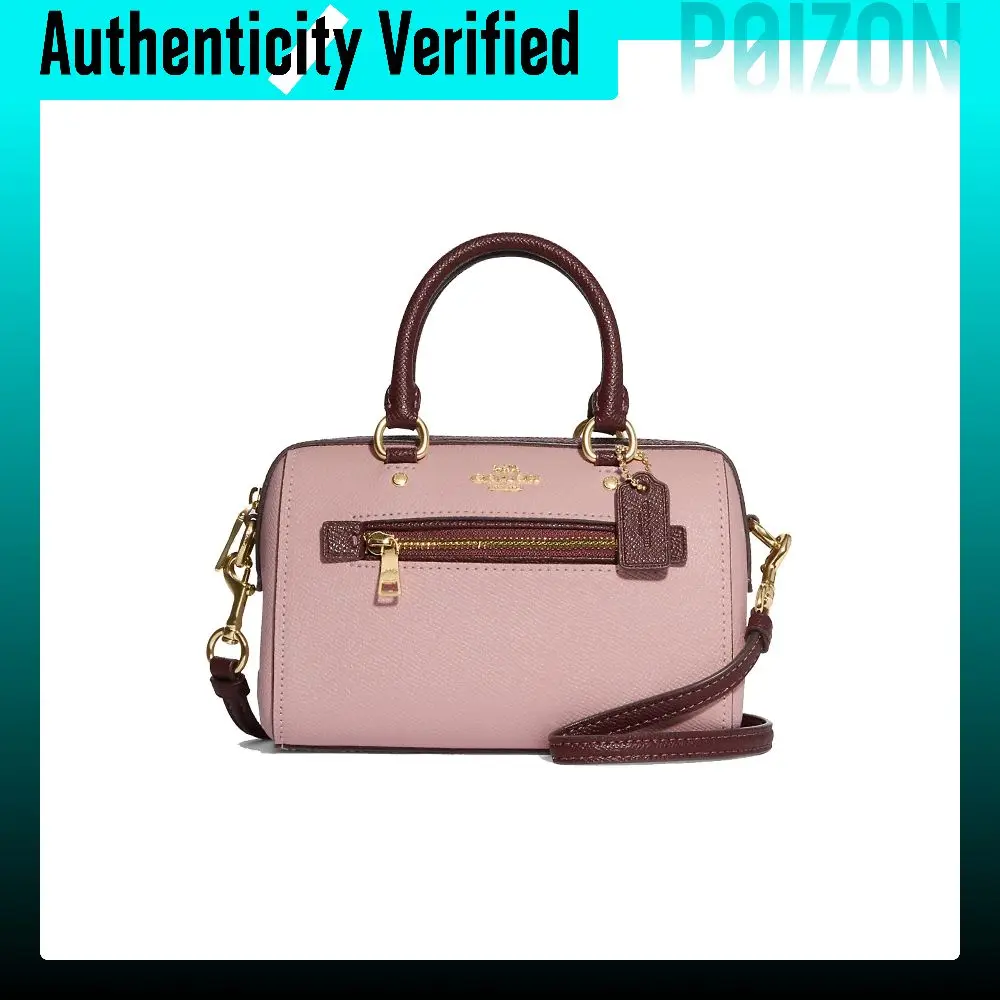 COACH Rowan Cross Grain Leather Briefcase, Shoulder Bag, Crossbody Bag, Handbag Mini Women's Pink & Burgundy CF375-IMV2G