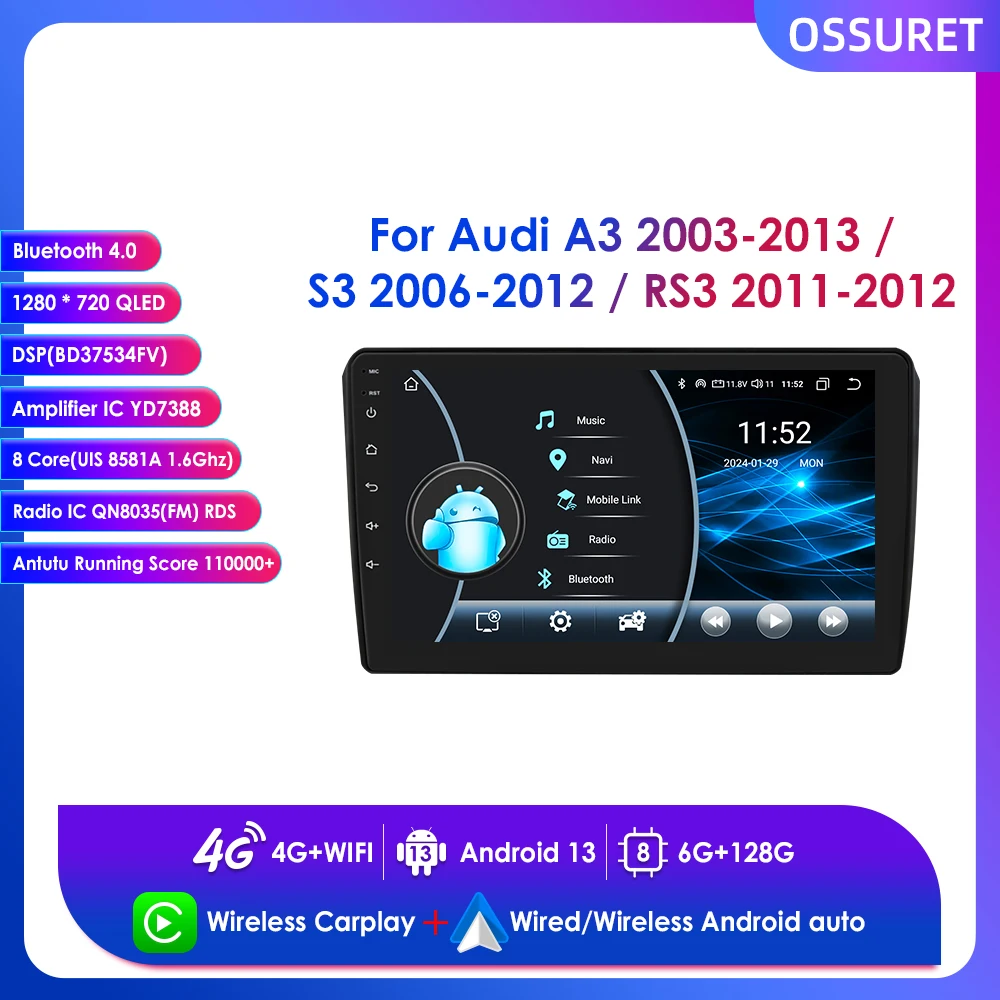 

9" Car Radio Multimedia Player Android 13 Wireless Carplay for Audi A3 2 8P S3 RS3 2003-2013 Navigation GPS 2 Din RDS DSP Stereo