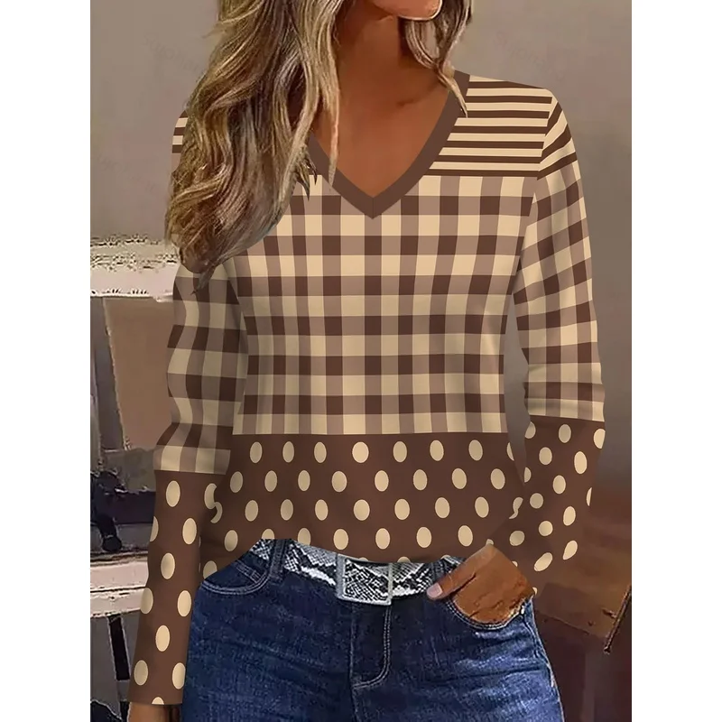 Casual Fashion Women's Long Sleeve T Shirt V Neck Breathable Fabric All Over Abstract Painting Color Block Stripes Plaid Polka