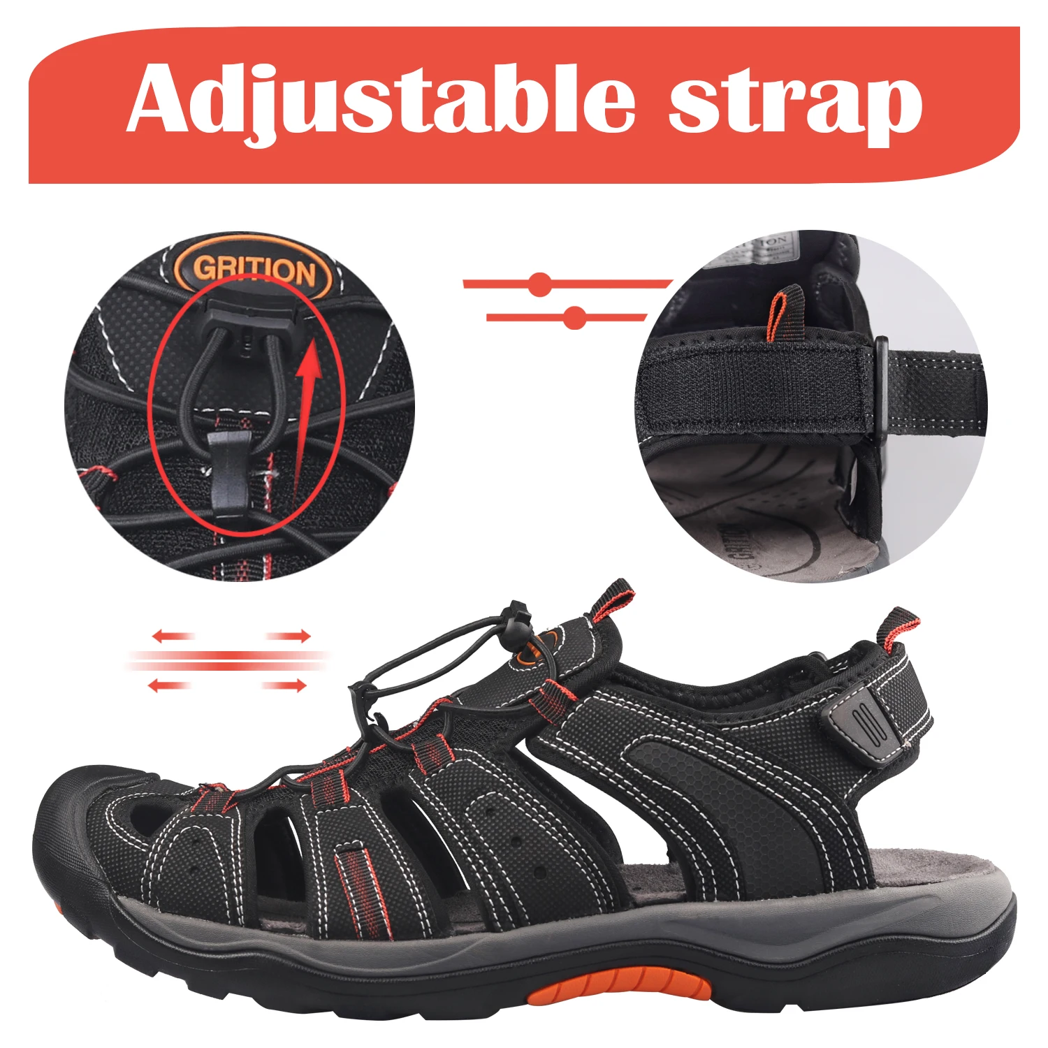 GRITION Men Outdoor Hiking Sandals Closed Toe Sport Water Sandal Waterproof Athletic Adjustable Sandals Comfortable