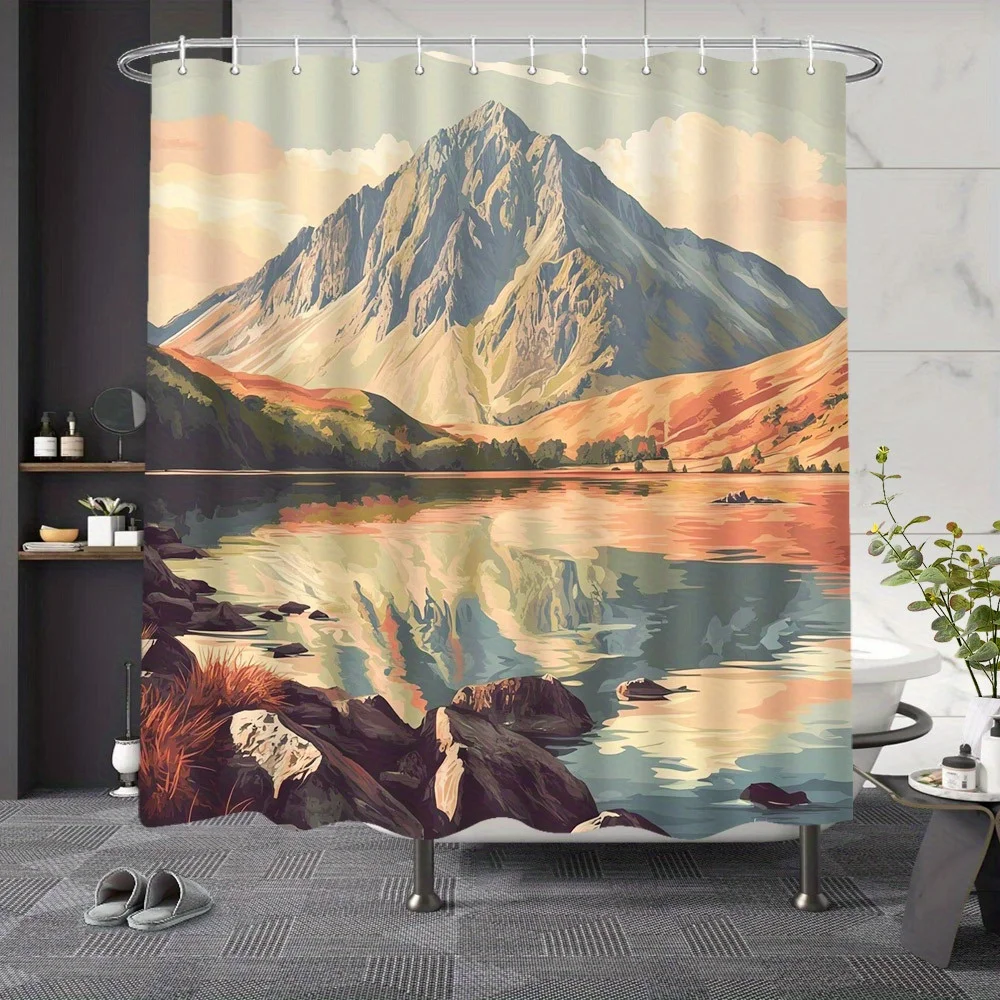 

Autumn Mountain Lake Shower Curtain - Tranquil Nature Scene with Warm Orange & Brown Hues, Reflective Lake, Rocky Outcrops