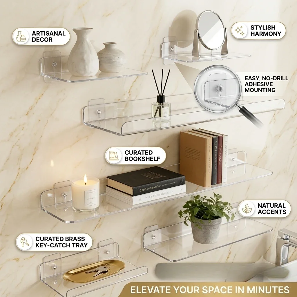 No Drill Acrylic Floating Shelf Adhesive Clear Wall Storage Organizer Display Ledge Rack for Bathroom Kitchen