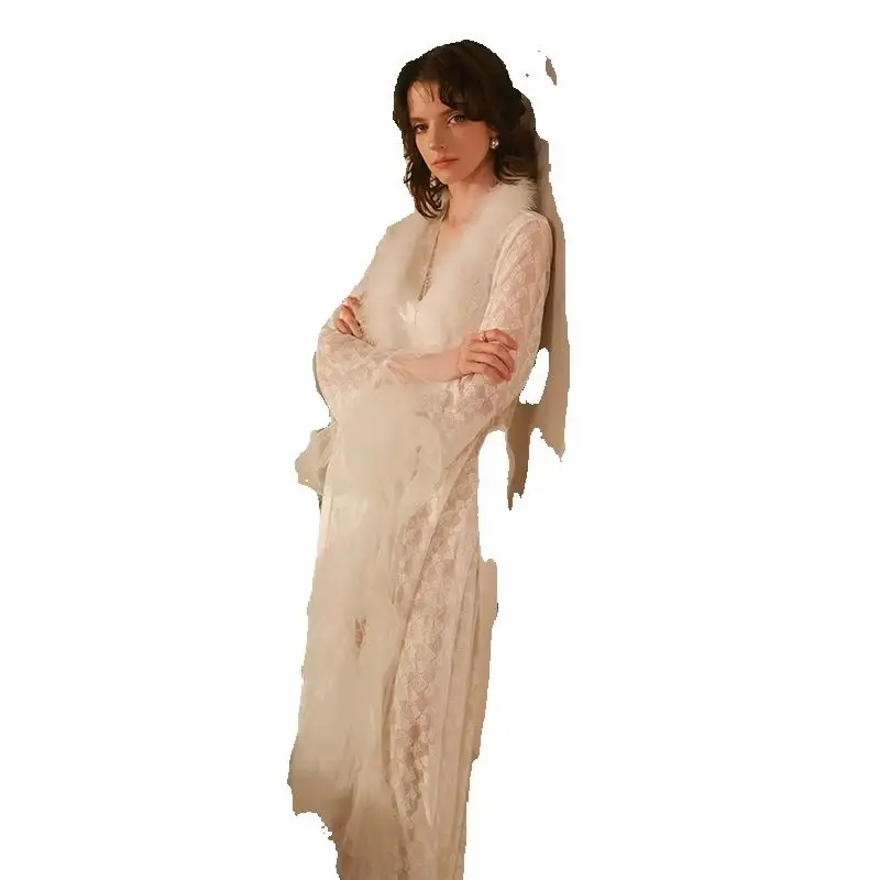 

Summer Lace Robe Set Two Pieces Bathrobe&Strap Nightgown Suit Sleepwear Sexy Chiffon Nightwear