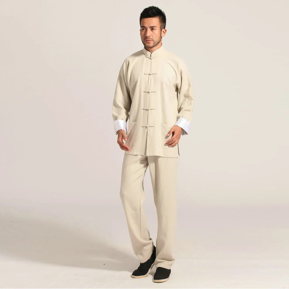 Oriental Style Men Tang Zhuang Coat And Pant 2 Piceces Suit Set Blue Beige Black Tunic Outfits Hanfu Chinese Kungfu Twinset 2024