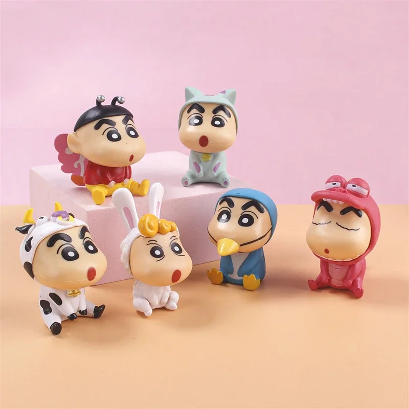 6pcs/set Anime Crayon ShinChan Figures 6cm Nohara Shinnosuke Cos Cow Rabbit PVC Animal Series Car Ornaments Model Toy Kids Gift