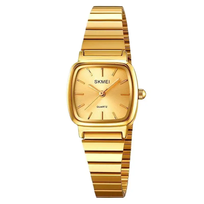 SkmeiCasual ساعة نسائية بسيطة مقاومة للماء مربعة صغيرة بحزام فولاذي ساعة كوارتز نسائية