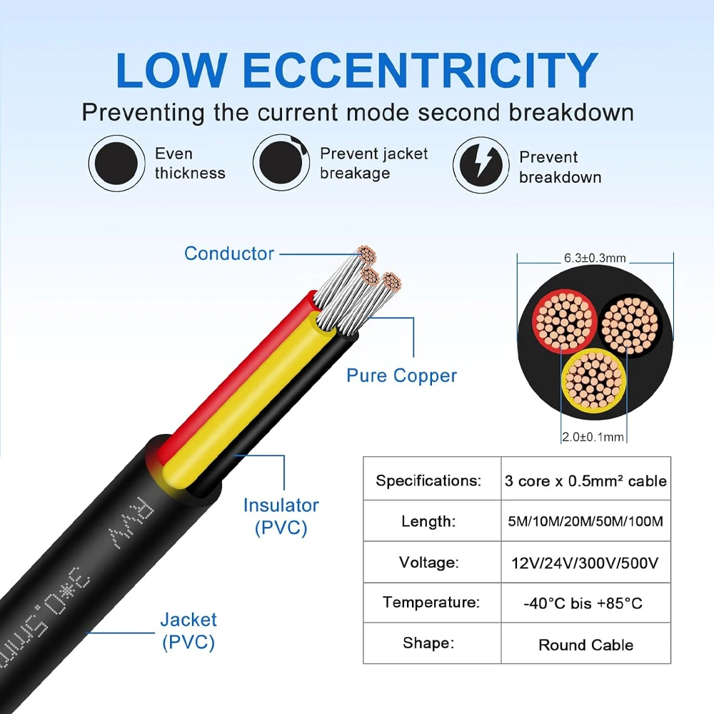 3 core cable electrical wire stranded copper for LED lamps automobile Copper Wire Conductor Electric RVV Cable Black soft sheath