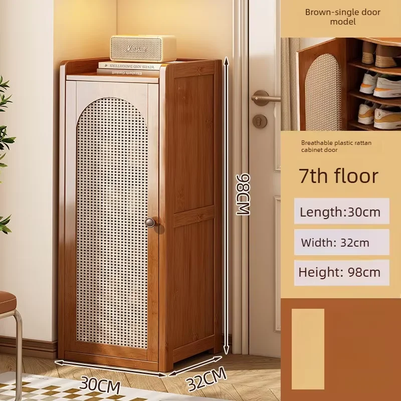 Bamboo and wood retro style shoe cabinet, door rattan breathable valve shoe cabinet, multi-layer large capacity shoe rack