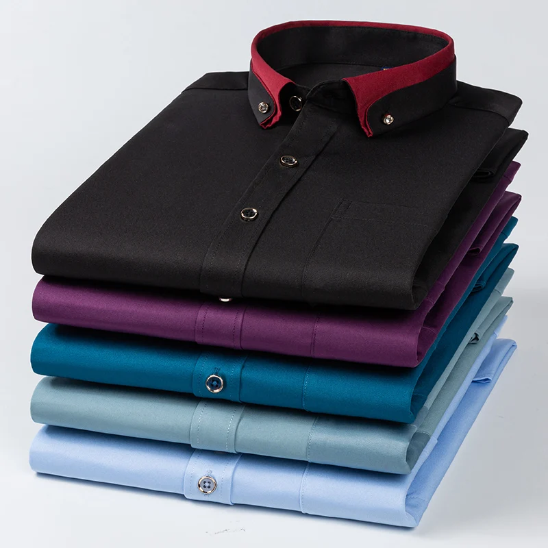 Men's Diamond Buttons & Contrast Collar Dress Shirt with Chest Pocket Long Sleeve Stretch Smooth Wrinkle-Free Easy Care Shirts