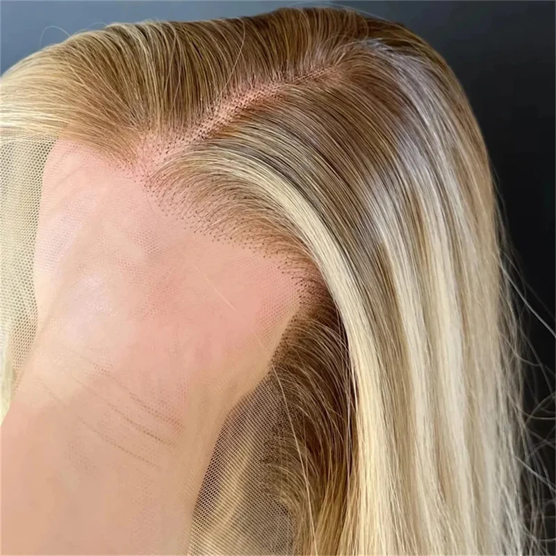 

Парик из смешанного человеческого и синтетического волоса 13x4 Ombre Golden Blonde Balayage Highlights, мягкий HD-парик с кружевной передней частью, моющийся, без клея, 26 дюймов