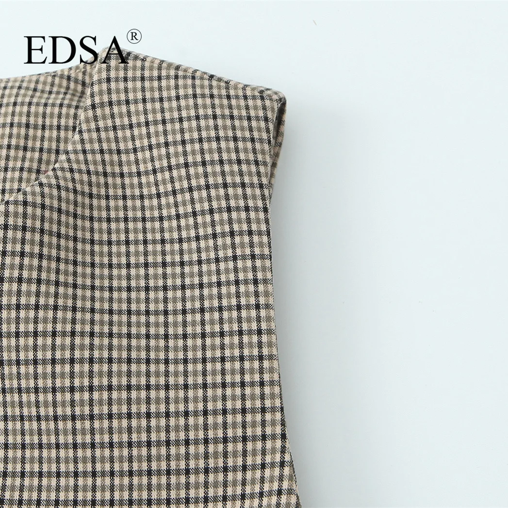 EDSA Women Grey Plaid Tank Top Single Breasted Sleeveless O-Neck for Female Top Blouse Outerwear