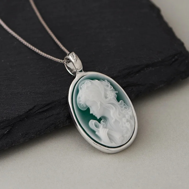 S925 Sterling Silver Charms Pendants for Women Men New Fashion  Blue/Green Agate Queens Relief of Cameo Jewelry Wholesale