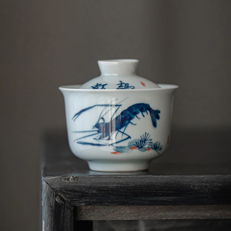 Small Antique Green Lid Kung Fu Set 4g Rock Brewing Hand-painted Shrimp Fun Blue and White Ceramic Tea Bowl