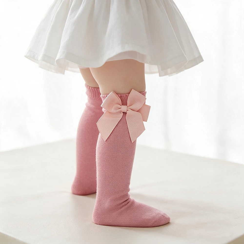 Ins Fashion Princess Girls 3/4 Knee High Socks Double Bows Children Cotton Sock Soft Infant Baby Long Socks For Dressing Party