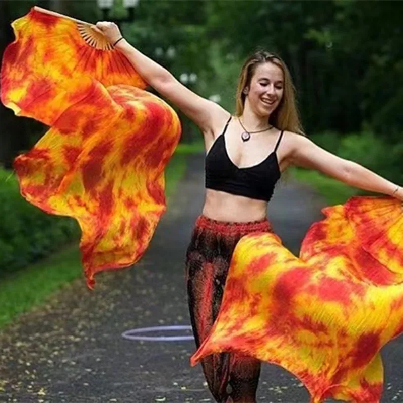 Groothandel Tie Dye Pure Zijde Fan Sluiers China Traditionele Bamboe Lange Fan Voor Bellydancer Oosterse Dans Praktijk Gratis Verzending