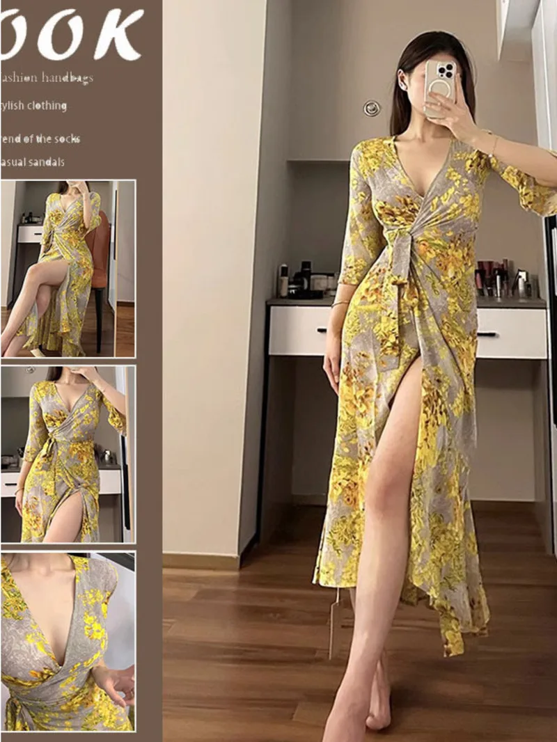 Bata de batalla amarilla francesa con cuello en V, vestido de flores fragmentadas a la moda para niños, vestido largo Sexy para vacaciones en la playa, verano 2024