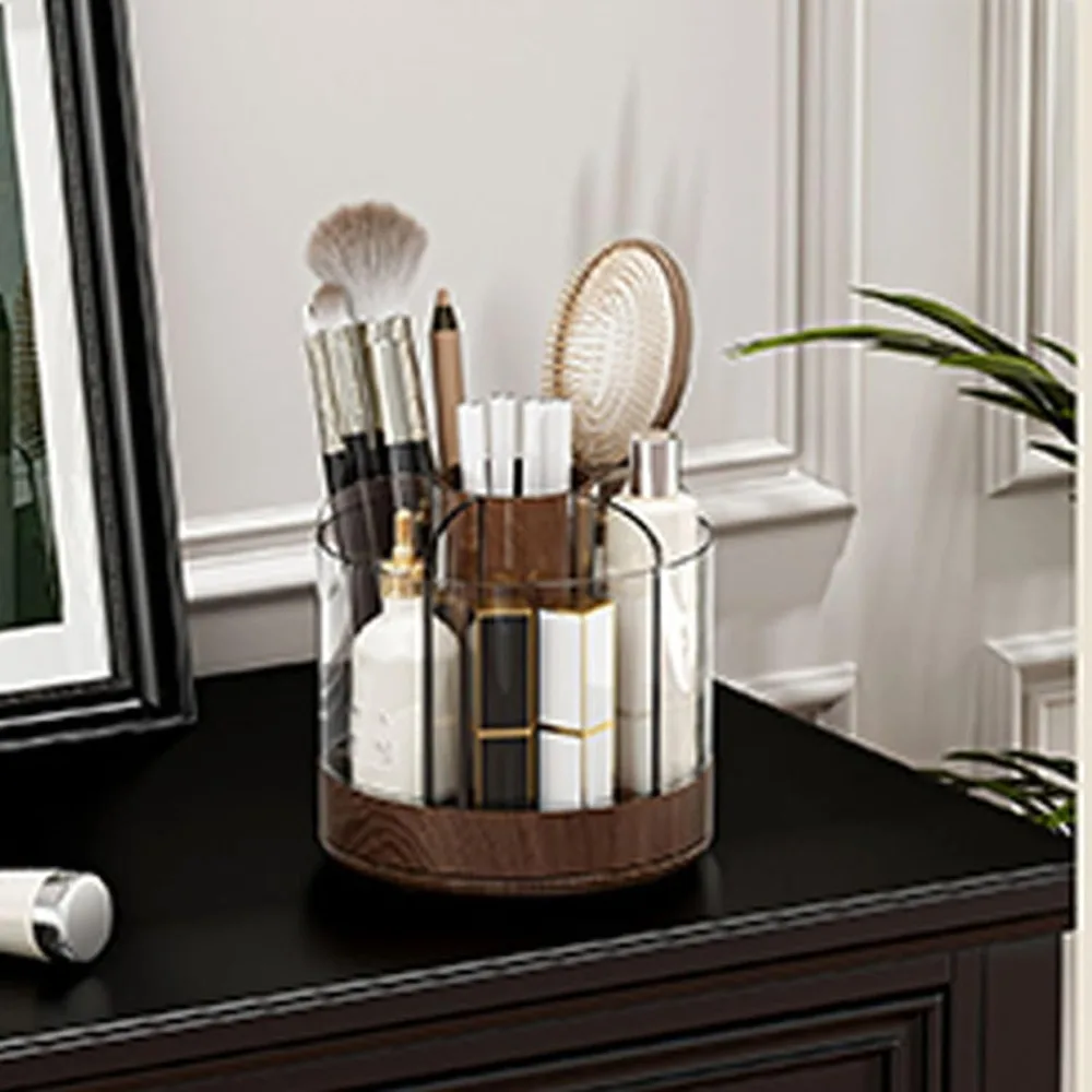 360 Rotating Rotating Makeup Organizer 6 Slot Compartments Woodgrain Cosmetics Storage Box Wood and Brown Desktop Organizer Box