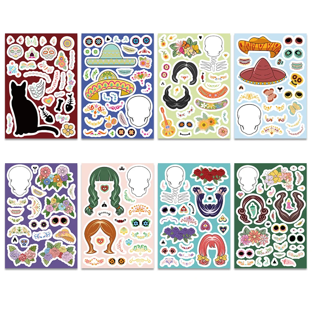 8PCS Cartoon Horror Mexican Day of the Dead Skull Face Changing DIY Sticker Fun Dress up Skeleton with Hat Hair Wreath Gift Deco