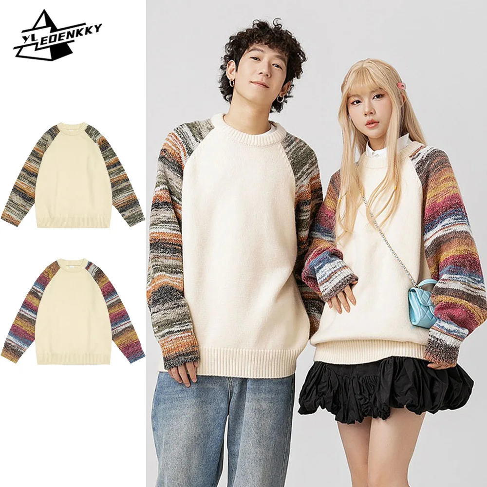 Preppy Raglan Sleeve Knit Men Women Panelled Crewneck Loose Pullover Tops Japanese Couple's Loose Jumper Autumn Unisex Sweater