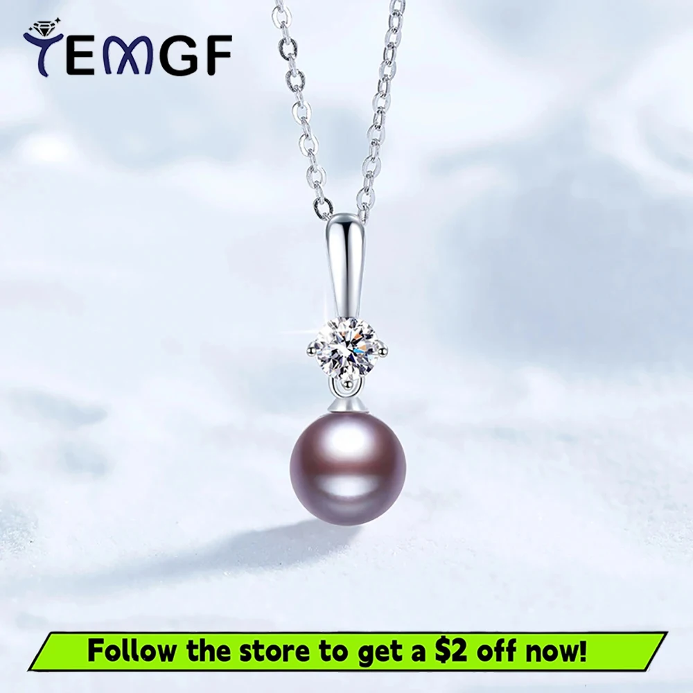 

TEMGF S925 Sterling Silver Necklace 5mm Moissanite 9mm-10mm Pearl Pendant for Women Elegant Simple Fine Jewelry Birthday Gifts
