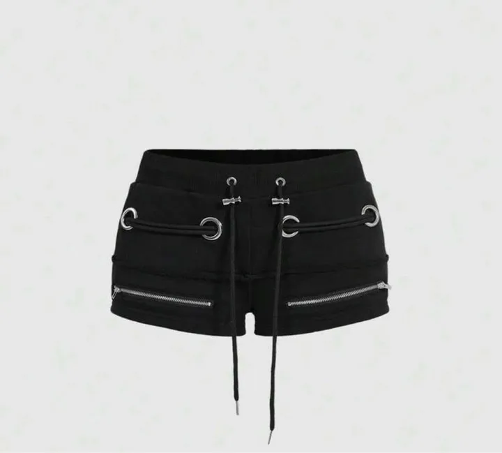 Amerikanische Street-Shorts mit Metallösen, Kordelzug und Quasten, niedrige Taille, Reißverschlusstasche, schmal geschnitten, einfarbig, Hot Pants für Spice Girls. – Detail 6