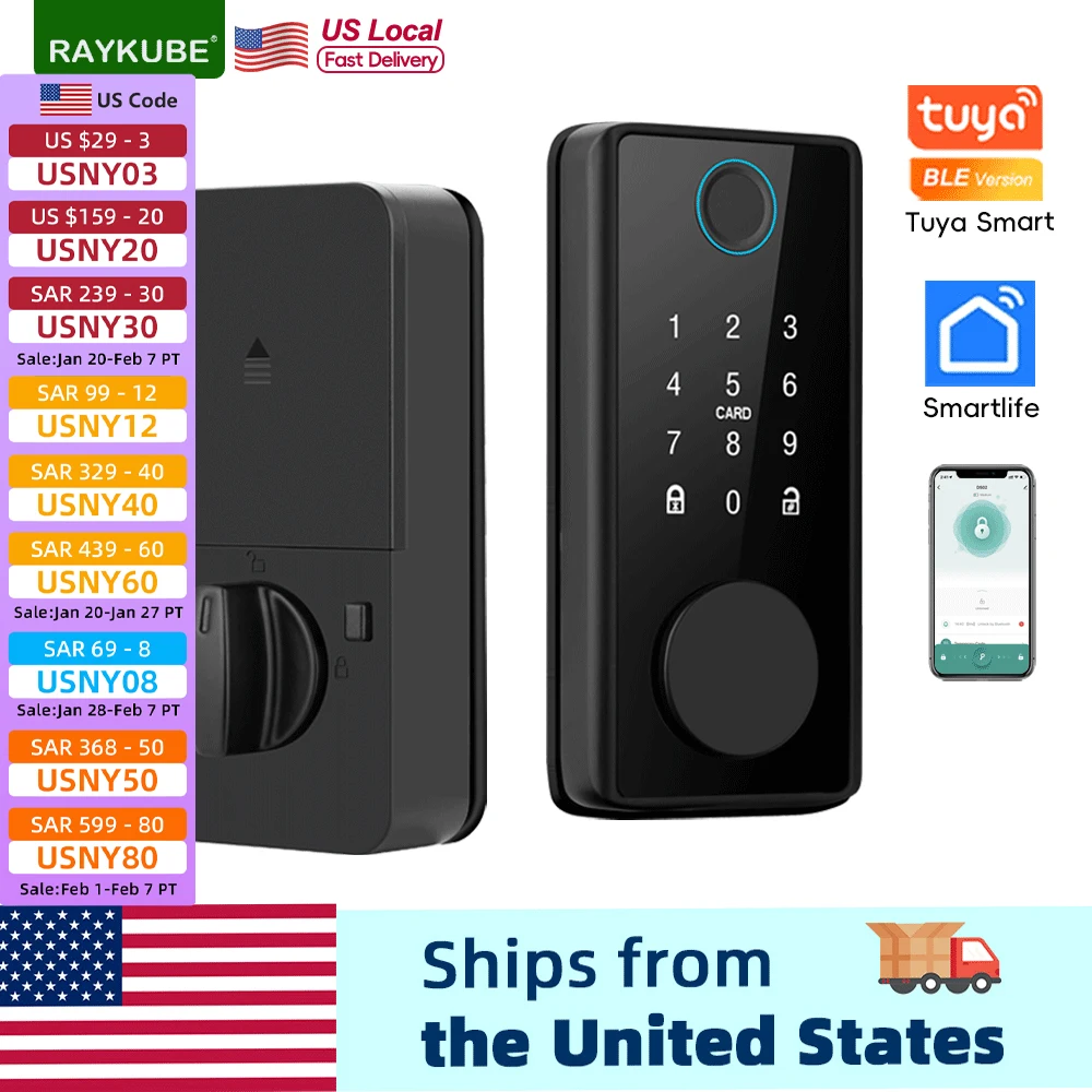 

RAYKUBE 4-language Tuya Smart Fingerprint Deadbolt Lock with Door Sensor Auto Lock Key/Password/Card/ Tuya APP Unlock From USA