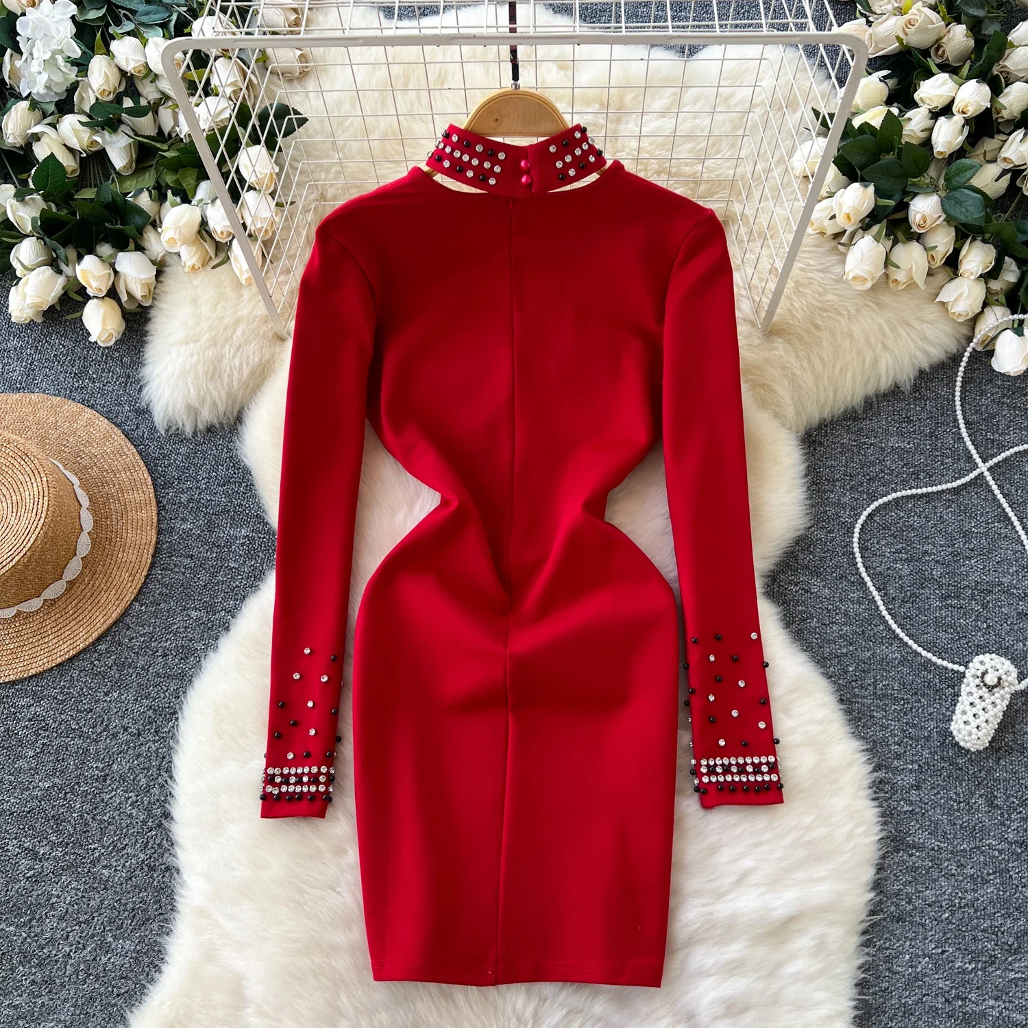 Vintage V-neck Chic Long Sleeve Rhinestone Dresses Women Korean Fashion Evening Party Slim High Street Autumn Winter Clothing