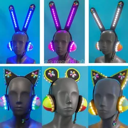 Anime Lovelive Cyber Cosplay Headwear LED Light Gaming Headset Flash Ligth Cat Ear Headphones Halloween Party Roleplay Prop