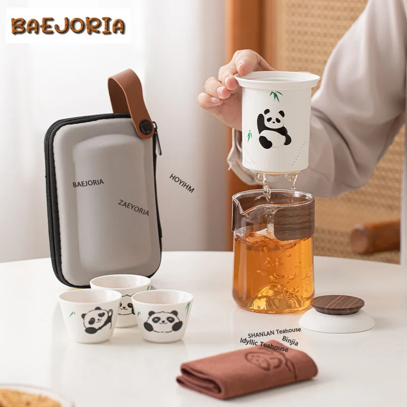 BAEJORIA Chinese Cute Panda Portable Travel Tea Set Kit Elegant Tea Tools Set 1 Pot 3 Cups Tea Maker Picnic Tote Bag Tea Craft