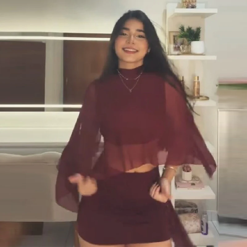 Holidays See Through Top Skirt Sets For Women Sexy Spliced Cape Shirt Low Waist Package Hip Skirts 2025 New Lady Party Dress