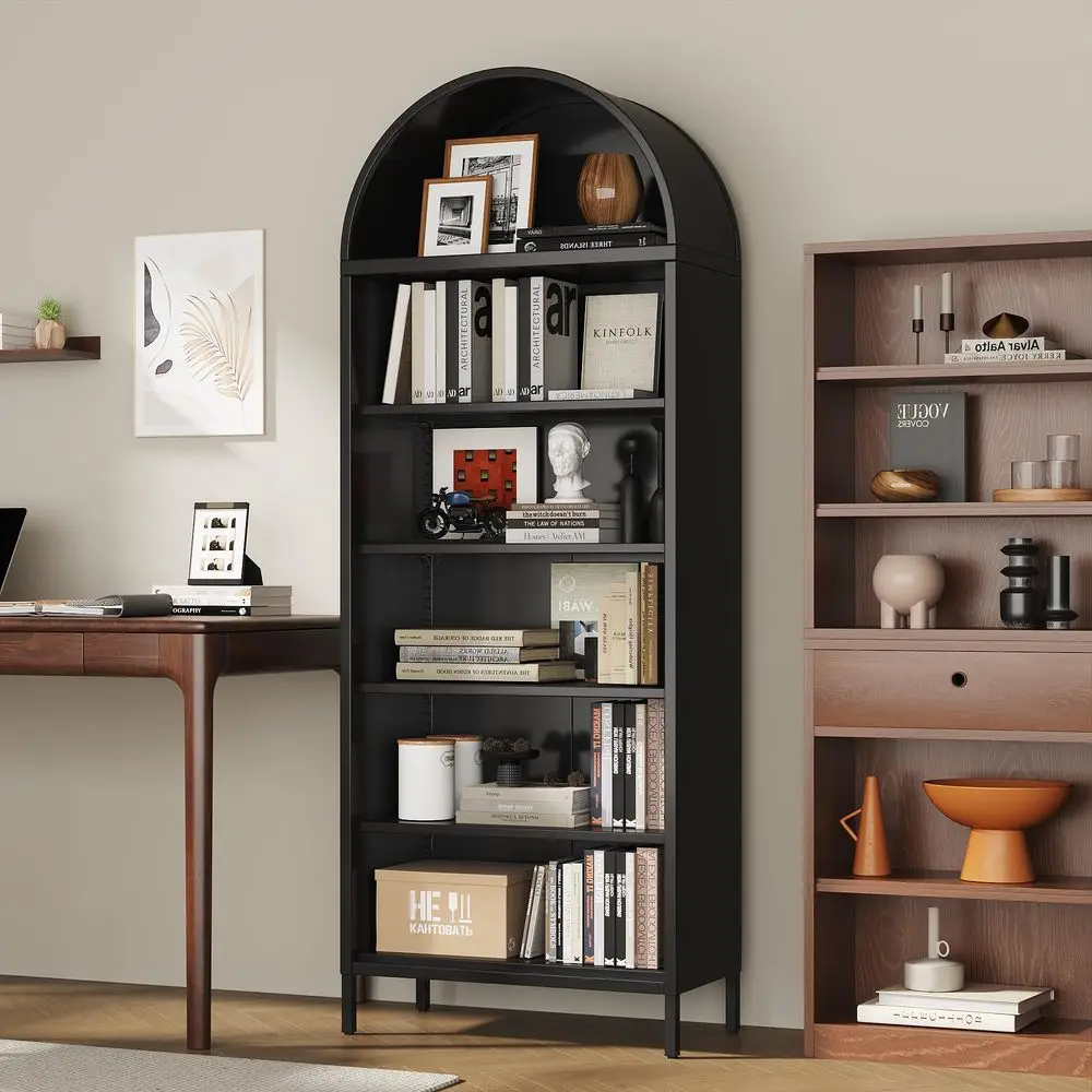 73 Tall Arched Bookcase Cabinet, 6Tiers Metal Black Arched Bookshelf for Home Office, Living Room, Assembly Required,13.78 D x