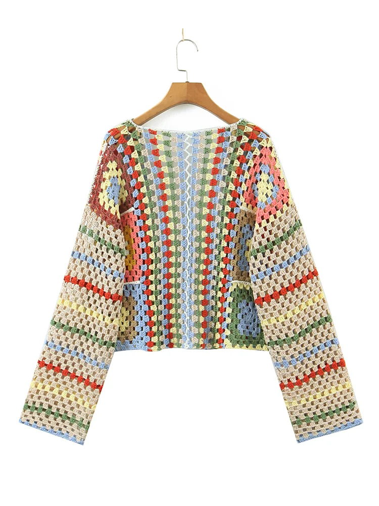 BOHO Mix Multi Color Hand Crochet Cardigan Vintage Woman No Button Open Stitching Full Sleeve Sweater Short Knitwear Jumper