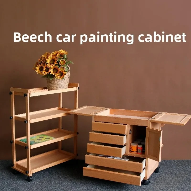 Three-Tier Art Cart Imported Beechwood Painting Brush Holder Multi-Function Drawing Board Tool Organizer for Home Studio
