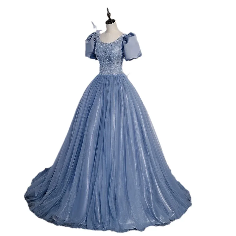 맞춤형 블루 이브닝 드레스 헤이즈 비즈 O넥 반팔 A라인 레이스업 플러스 사이즈 여성 파티 정장 드레스