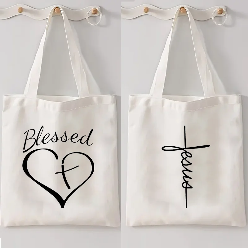 Faith Print Canvas Shopping Tote Bag Reusable Shopper Recycle Bag Reusable Tote Jesus Fashion Casual Purse Travel Beach Handbags