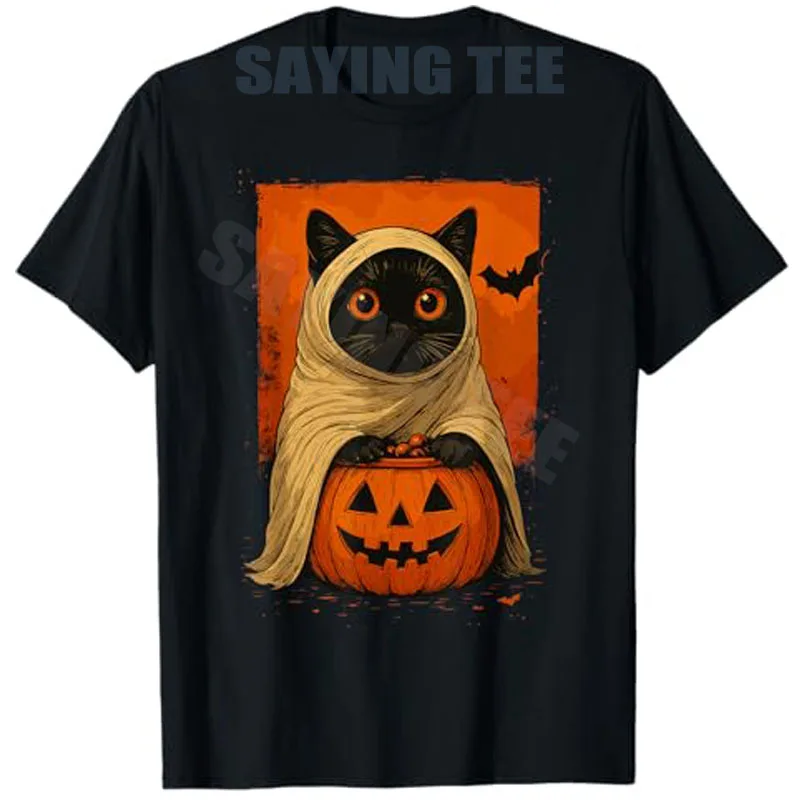 Funny Vintage Black Cat Halloween Pumpkin Spooky Ghost Women T-Shirt Novelty Gift Cute Kitty Jack-o'-lantern Print Y2k Tee Tops